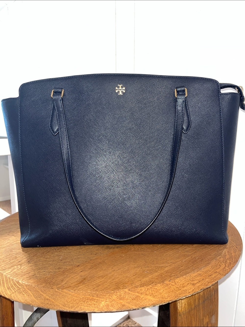 Tory Burch Black Leather Saffiano Tote with Gold Logo